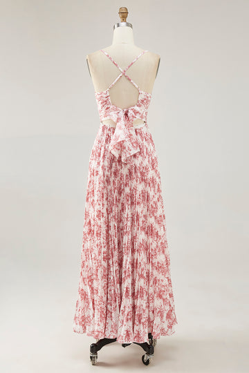 Blush Flower Pleated A Line Spaghetti Straps Wedding Guest Dress